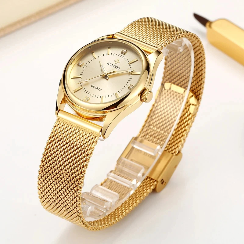 Stainless Mesh Band - WWOOR Luxe Merk Jurk Gouden Horloge